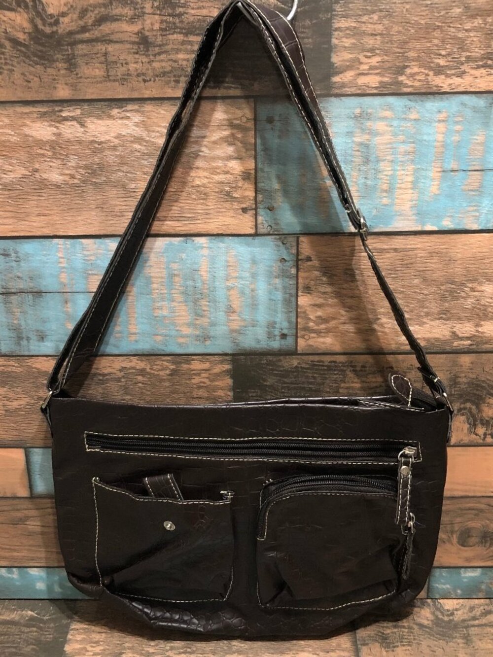 Women's Purse Black Faux Leather Crossbody Exterior Pockets Contrast Stitching